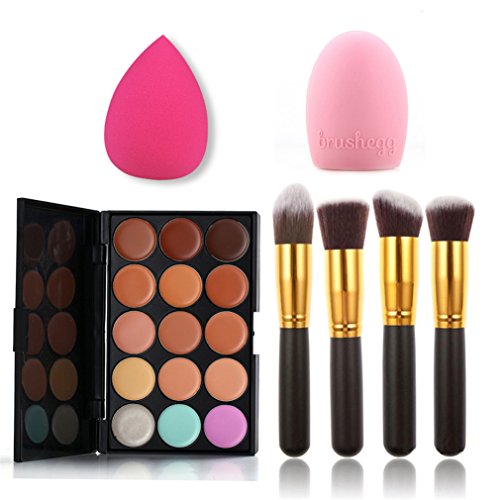 FantasyDay Professional 15 Colors Cream Concealer Camouflage Makeup Palette Contouring Kit + 4 Pcs Makeup Brushes + 1 Sponge Puff + 1 Silicone Brushegg - Ideal for Professional and Daily Use