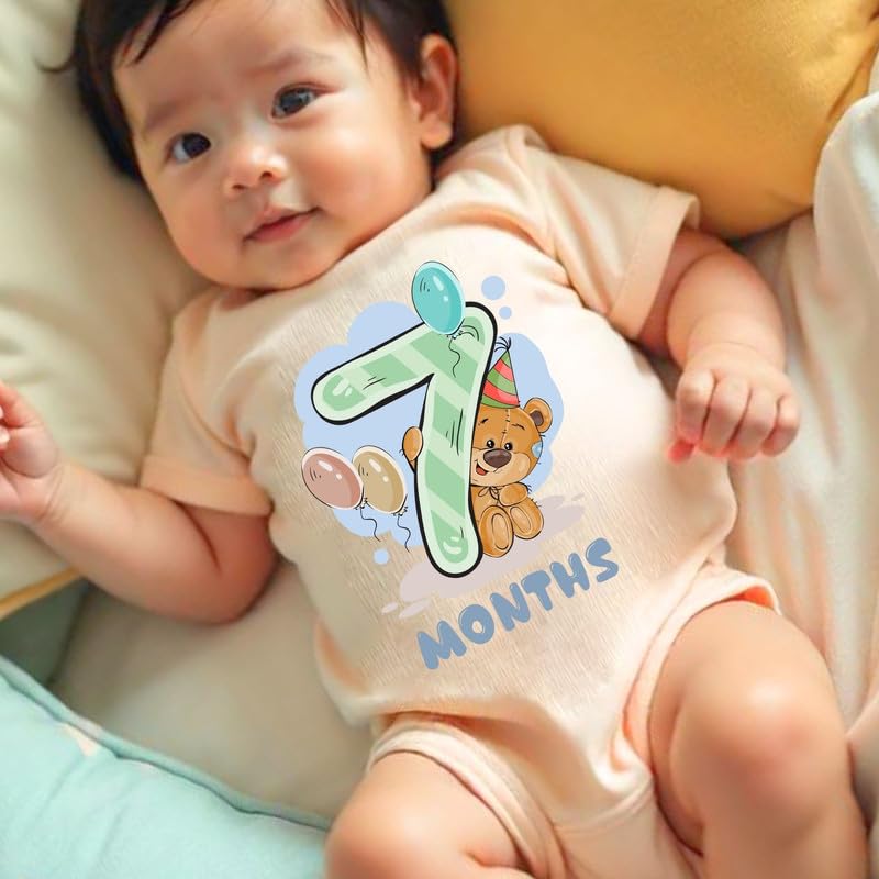 Image of Knitroot Monthly Birthday Teddy Special, Newborn Baby Half Sleeve Unisex Romper, Onesies, Sleepsuit, Body Suit, Envelope Neck, 1 to 12 Months Print, 0-12 Months, Infant Cloth for Boys & Girls