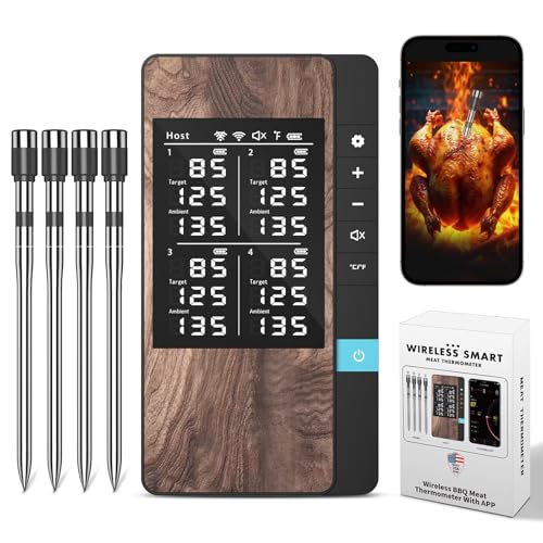 PRAVETTE Wireless Meat Thermometer-Multi Sensors Digital Food Thermometer with Ultra-Thin Probes, Accuracy Smart Bluetooth Meat Thermometer for Steak, BBQ, Oven, Grill, Smoker (4 Probes)