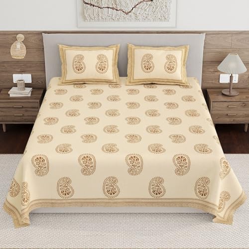 Image of Living Roots Ethnic Jaipur Block Print Double Cotton Bedsheet & 2 Pillow Covers, for Mattress Upto 6 inches Thick, No Colour Bleeding, Coffee Colour, King Size 90 * 108 inches, 120TC (602-C)