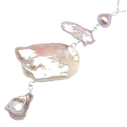 Miniatura 2 de Large Mauve Cultured Freshwater Pearl Abstract Flamingo Chain Necklace Sterling Silver Gold-filled