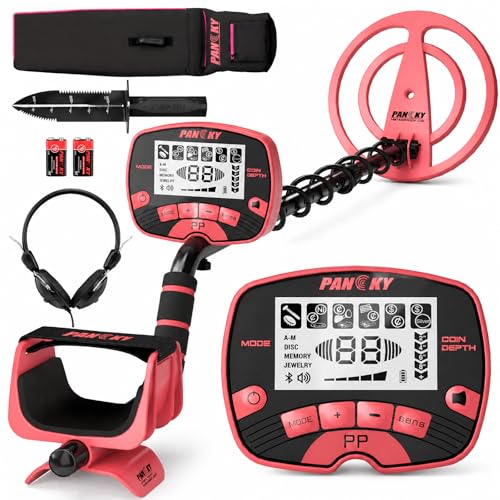 PANCKY Metal Detector for Adults – IP68-Waterproof 10' Coil Gold Detector, 5-Mode DSP Chip, Backlit LCD, Lightweight 2.4 lbs, Treasure Hunting Kit, PK0075, Crimson
