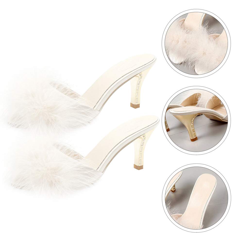 Holibanna Bianco Delle Donne Della Del Faux Gattino Tallone di Estate Sandali Ciabatte Slip on Open Toe Vestito Backless Sexy Basso Tacco Alto Slipper Slides Fuzzy Pantofole (numeric_39)
