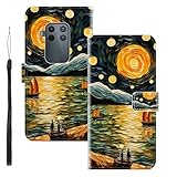 WUACYEAMING für Motorola One Zoom Hülle Premium PU Leder Flip Klappbare Stoßfeste Magnetische Schutzhülle Tasche mit Kartenfach Geld Slot Ständer Meer Boot
