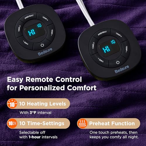 Image of Bedsure Electric Blanket Queen Size - Dual Control Heated Blanket Queen, Fast Heating with 10 Time Settings & 10 Heat Settings, Warm Gift for Grandma (84x90 inches, Purple)