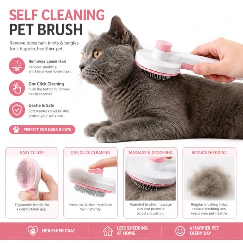 Self Cleaning Slicker Brush for Dogs & Cats - One-Click Grooming Tool