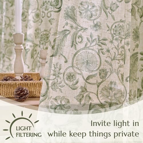 Image of jinchan Linen Floral Curtains for Living Room with Printed Flower 96 Inches Long Light Filtering Farmhouse Window Treatment Vintage Drapes Back Tab Rod Pocket 2 Panels Green on Beige