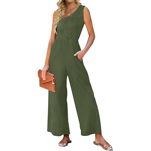 ZESICA Women's 2024 Summer Casual One Shoulder Sleeveless Smocked High Waist Loose Wide Leg Jumpsuit Romper with Pockets