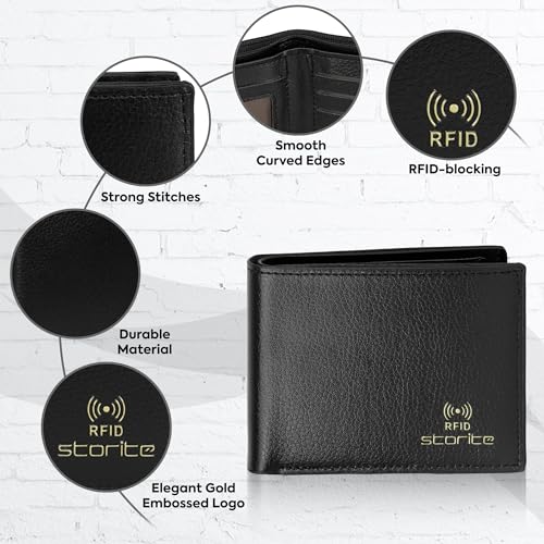Image of Storite Men's Multi-Card Bifold Leather Wallet RFID Protected Bifold Wallet - Slim PU Leather Money & Credit Card Holder Purse with ID Window (Black)