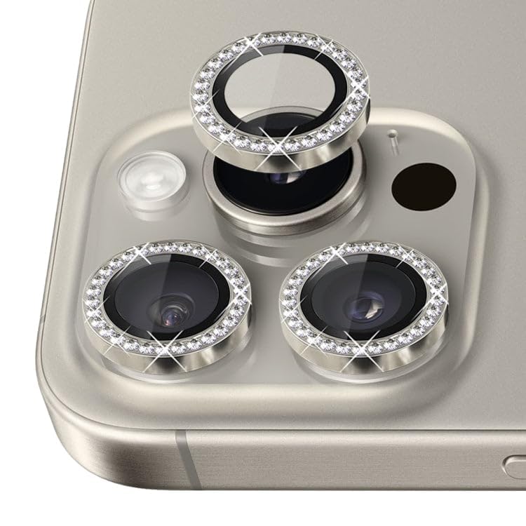 Image of Compatiable with iPhone 16 Pro / 16 Pro Max Camera Lens Protector Ring - Diamond Design | 9H Tempered Glass | HD Clear | Anti-Scratch | Anti-Drop Natural Titanium Diamond