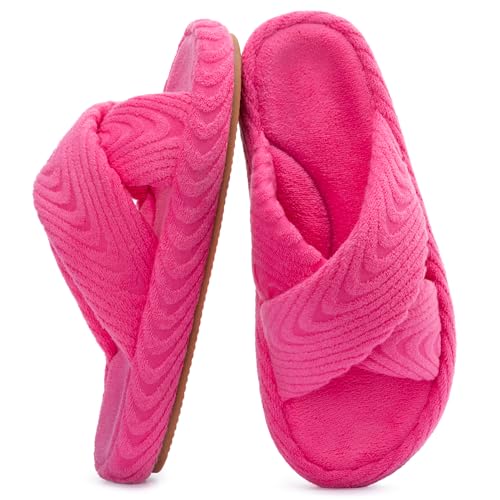 RockDove Women's Velora Criss Cross Slide Indoor House Slipper with Soft Cozy Cushioned Sole, Size 7-8 US Women, Hot Pink