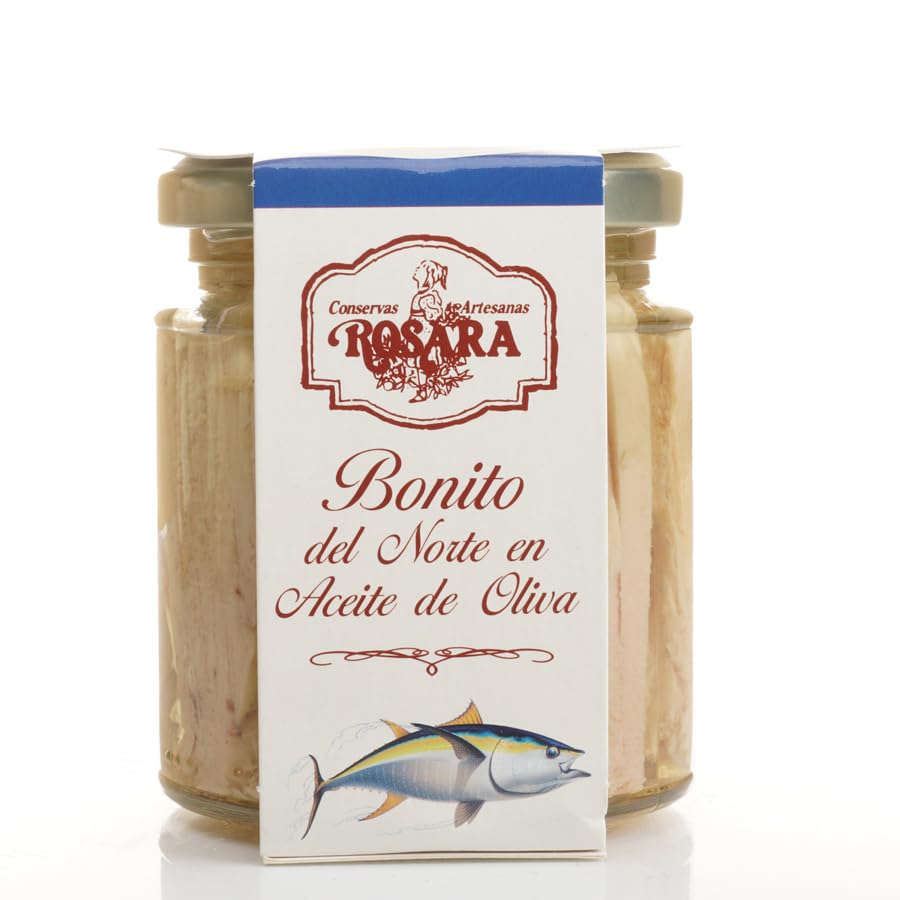 Bonito Del Norte en Aceite de Oliva 165g, Sin Gluten en Bote de Cristal, Conservas de Pescado, Bonito Aceite de Oliva, Bonito en Aceite de Oliva, Conservas, Bonito Del Norte - Rosara