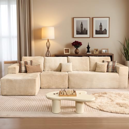 Image of HOOOWOOO Cloud Sectional Couches for Living Room,Modular Sectional Sofa No Assembly,141X70 Inch Plush Corduroy Large L Shaped Floor Couch Set with Deep Seat Chaise(Beige)