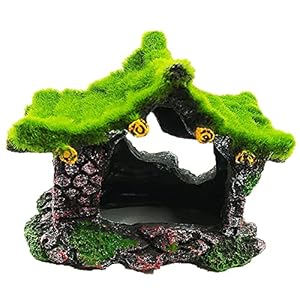 Aquarium Decoration House Resin Hollow Hideout House, Fish Tank Accessories Cave Ornament Tank Small Fish Hideaway with Moss