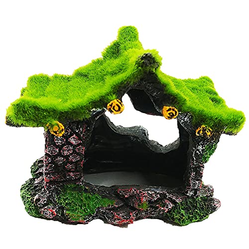 Aquarium Decoration House Resin Hollow Hideout House, Fish Tank Accessories Cave Ornament Tank Small Fish Hideaway with Moss