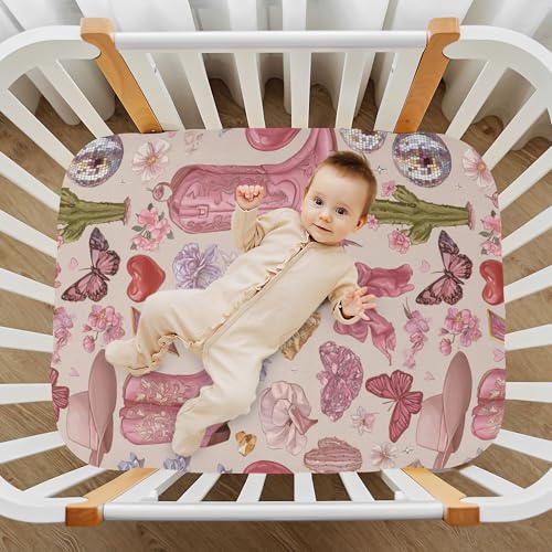 Image of Western Cowgirl Boots Vintage Crib Sheets Soft Breathable Fitted Baby Crib Sheets Mattress Cover for Girls Boys, 52 inch x 28 inch x 9 inch