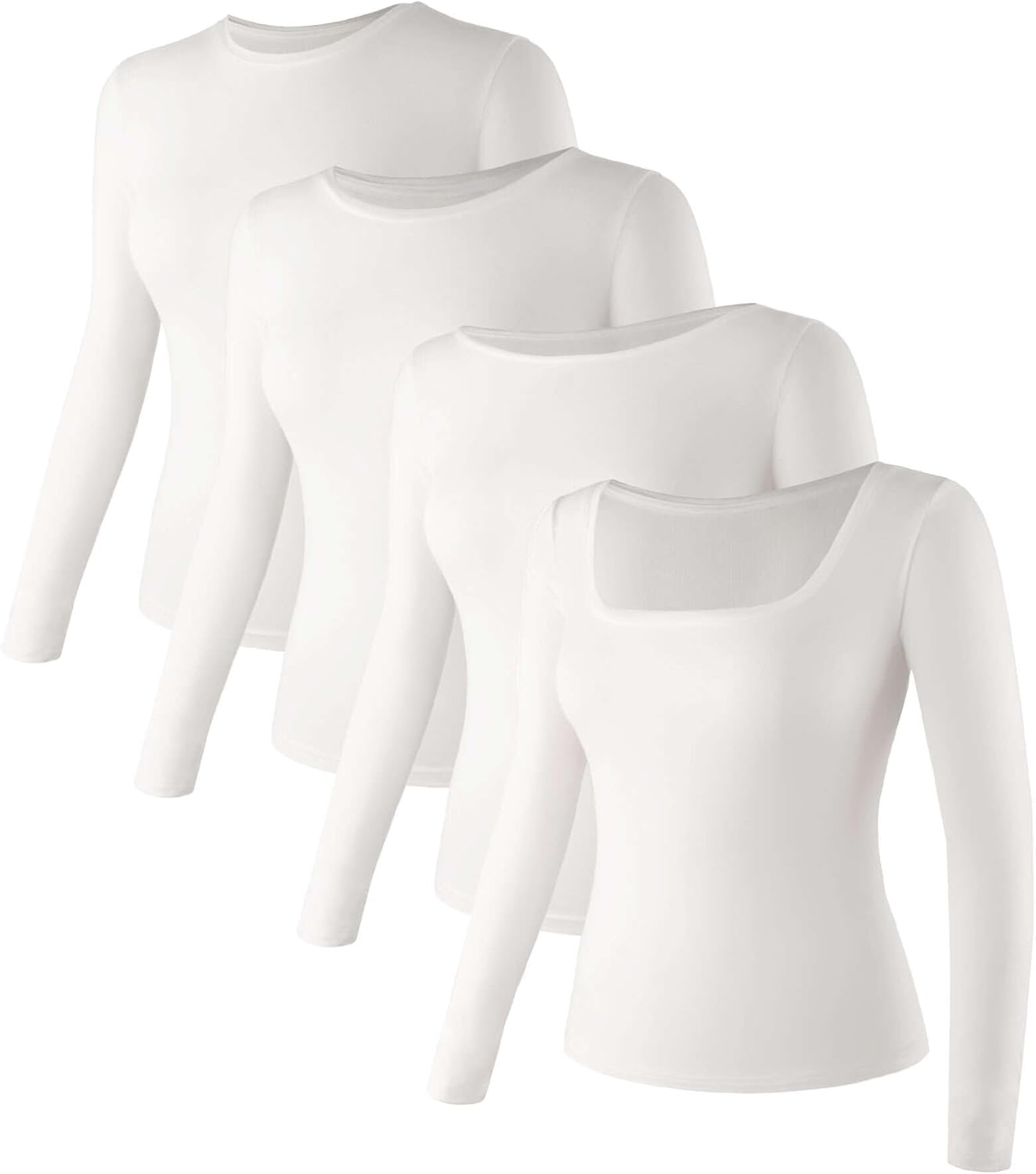 Liloak 4 Necklines Womens Long Sleeve Shirts Pack,Fitted Long Sleeve T Shirts for Women,Women's Tees Lightweight Undershirts White-scoop/Crew/Square/Boat Small