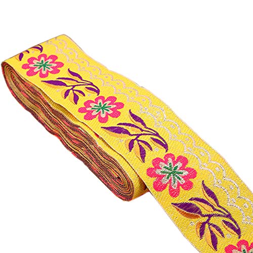 7 Yards 2inch Daisy Leaves on Waves Jacquard Ribbon Floral Embroidered Woven Trim for Embellishment Craft Supplies(Gold)