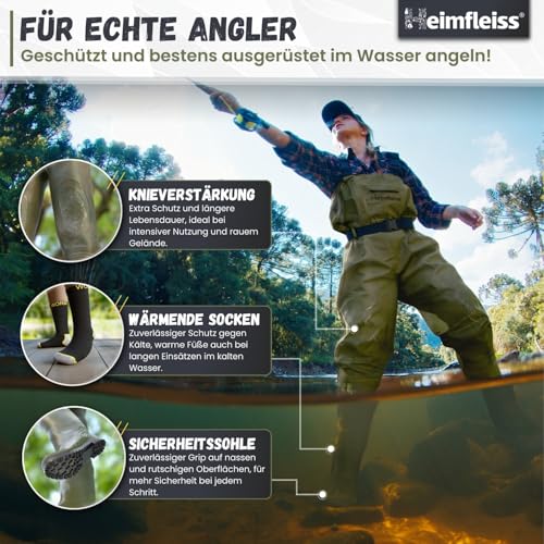Heimfleiss® Wathose Herren Wasserdicht mit Stiefel (Gr. 43) | Unisex Nylon Anglerhose inkl. Zubehör | rutschfeste Fischerhose zum Angeln oder zur Teichreinigung | Wader Watthose Teichhose Angelhose