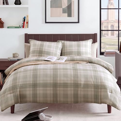 Image of MaiReve Plaid Twin XL Comforter Set, Khaki Green Grid Bedding Set for Boys & Girls, Classic Checkered Bed in A Bag Comforter Sets with Fitted & Flat Sheet, Pillowcase & Sham 66 inchx90 inch