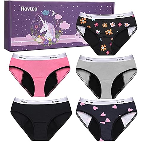 Rovtop Girls Menstrual Period Pants Teenager, Kids 5Pcs Soft Cotton Menstrual Briefs, Period Knickers Girls Leak-Proof, Clean and Washable,Teenage Menstrual Underwear for 8-16 Years(Size XL) Cover
