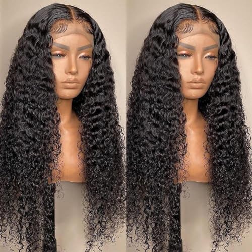 USUKUSI Deep Wave Lace Front Wig - 28-Inch, Human Hair, 150% Density, Pre-Plucked, Glue Less, Natural Color for Black Women