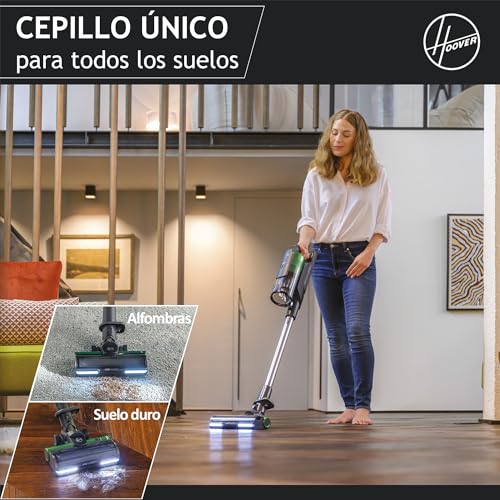 Hoover HF9 Especial Mascotas HF920P, Aspiradora Escoba sin Cable, sin Bolsa, 3 en 1, Escoba, de Mano y Vertical, Cepillo Antienredos, Autonomía 60 min, Color Gris/Verde