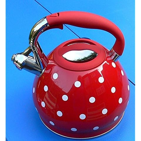 Stunning Red & White Polka Dot Whistling Kettle. Polkadot Cover