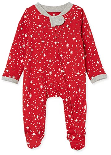 Image of HonestBaby Sleep and Play Footed Holiday Pajamas One-Piece Sleeper Zip-front Organic Cotton PJs Baby Boys, Girls, Unisex, Twinkle Star Red, 0-3 Months