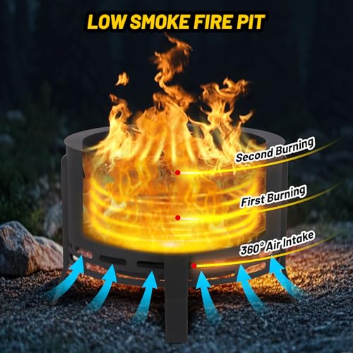 26" Smokeless Fire Pit with Ash Tray Base,Smokeless Outdoor Firepits with Adjustable Foot&Fire Poker,Firepit with Dust Bag,Outdoor Fire Pits for BBQ,Bonfire,Camping