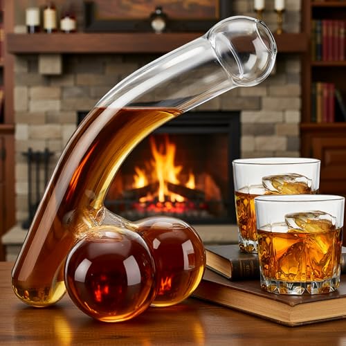 Unique Whiskey Decanter with Dual Globe Design Lead-Free Hand-Blown Glass 750ml Capacity Creative Bar Accessories for Men Bachelor Party Supplies 12x8 Inches