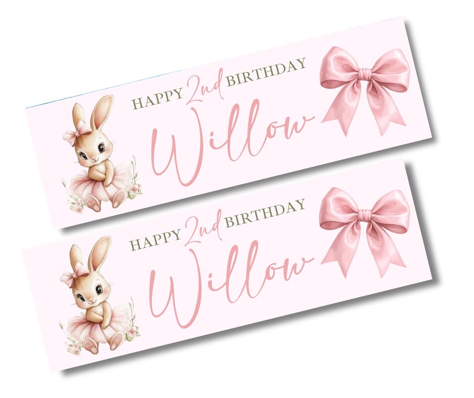 2 Pack Personalised Birthday Party Banners, Rabbit Pink Bow Theme, Add Name & Age, 900x300mm