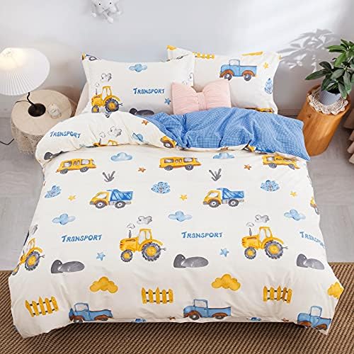 Kids Duvet Cover Set Queen, 100% Cotton Yellow Truck Tractor Bedding for Boys Girls, 3 Pieces Reversible Blue Plaid Cartoon Comforter Cover