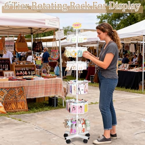 Image of Retail Display Stand Store Display Rack 6 Tier Metal Spinning Display Stand Rack with Wheels Keychain Jewelry Stocking Hat Stand with Hooks for Malls, Showroom, Retail Store (6 Tier White)