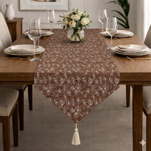 Image of STITCHNEST Woven Table Runner 13x60 Inches | Beige Floral Design | Tassel Finish | Modern Dining Table Decor