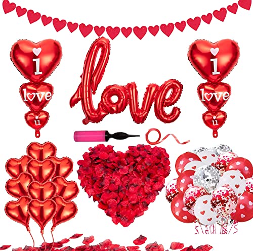 Kit de décorations de Saint-Valentin – Ballons en aluminium en forme de cœur avec inscription « I Love You » à suspendre, guirlande de 1 000 pétales de...