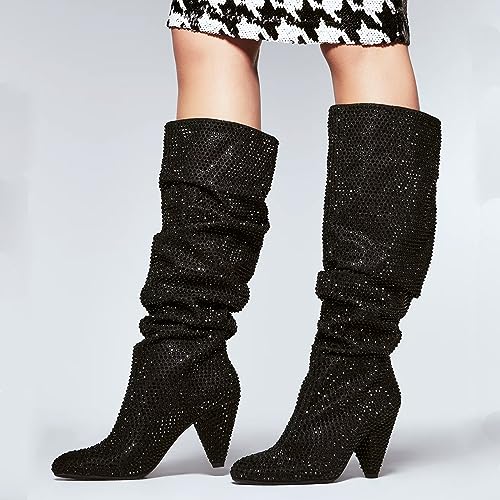 Yolkomo Black Rhinestone Boots for Women Wide Calf Knee High Cowboy Boots Pointed Toe Low Heel Distressed Western Cowgirl Boots Chunky Block Heel Sparkly Rhinestone Glitter Boots Black Size 15 - Thumbnail 5