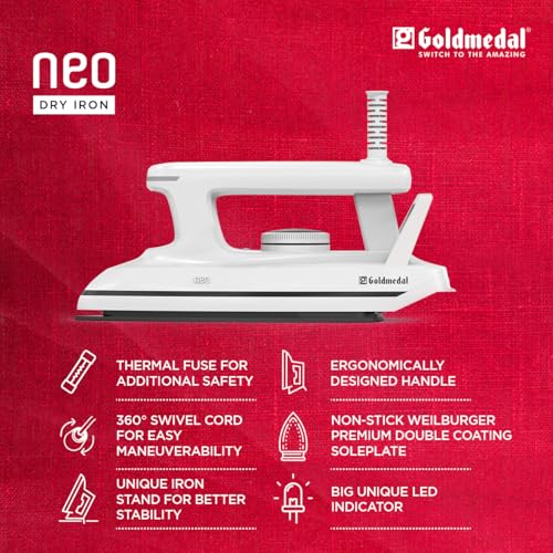 Image of Goldmedal Neo 1000W Faster Heating Dry Iron| 5- Fabric Setting | Thermal Fuse for Additional Safety| 1.8 Meter Cord Length|30 Months Warranty (White)