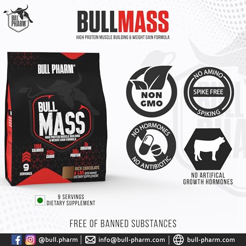 Image of Bull Mass Muscle Gainer Protein Powder (9 Servings) | Increased Athletic performance | Strength | Weight Gain | Lean Muscle | FSSAI Approved (Rich Chocolate, 6 Lbs)