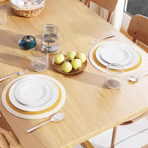 Image of Dining Table Mats Set of 2 | Cotton Table Mat 32 cm Diameter, Encasa XO Washable Round Table Mats, Heat Resistance Dining Table Placemats, Handmade Ribbed Style for Centre Table, Yellow & Off White