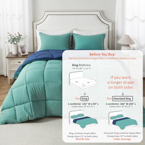 Image of KASENTEX King Comforter Set, Reversible, Goose Down Alternative, All Season | 250 GSM Fill, Ultra-Soft, Lightweight, Machine Washable, 1 Comforter + 2 Pillow Shams, Turquoise Sea Green /Twilight Blue