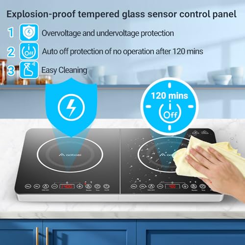 Induktionskochfeld, Aobosi Doppel Induktionskochplatte tragbares Kochfeld mit Warmhaltefunktion, 10 Temperaturstufen und 6 Leistungsstufen, Timer, Max & Min-Taste, 3500Watt, Sensor-Touch-Steuerung – Bild 5