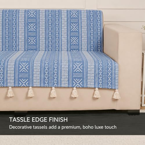 Image of STITCHNEST 'Verdant Bohemian Stories' 2 Seater Sofa Cover - Full Coverage| Elegant Jacquard Fabric, Decorative Tassels, Washable & Durable for Modern Living