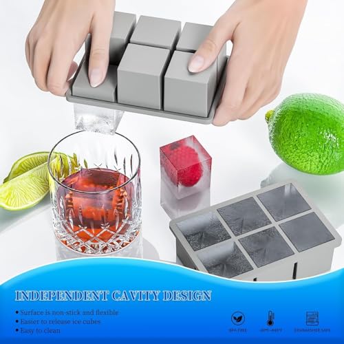 Image of Ice Cube Molds with Lid,Big Silicone Ice Cube Tray for Whiskey,2Inch Square Ice Cube Tray,Easy-Release Ice Mold,Giant Ice Cubes for Bourbon Cocktail (1, Grey)
