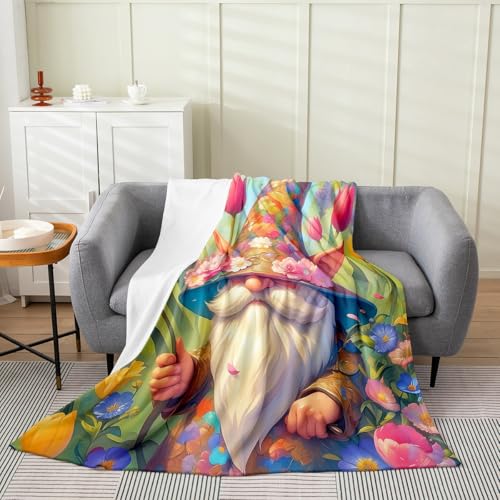 Rustic Country Botanical Throw Blanket,Watercolor Spring Flowers Plants Fleece Blanket for Bedroom Decor,Spring Gnome Super Soft Blanket for Sofa Couch for All Seasons,Queen 90"x90"