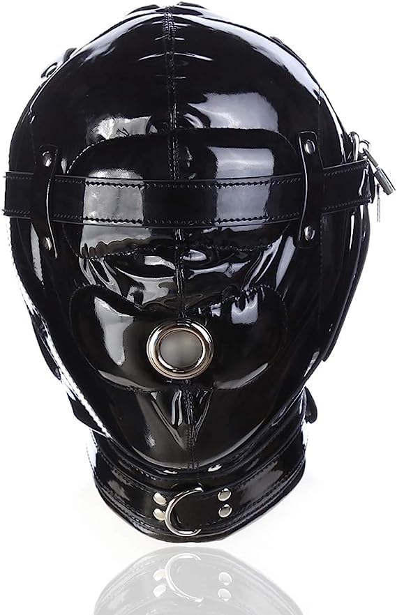 MFMYEE Leather Full Head Mask - Shiny PU Leather Latex Open Mouth Masks Adjustable Head Hood Adult Sex Restraint Masks Fetish Sex Toys