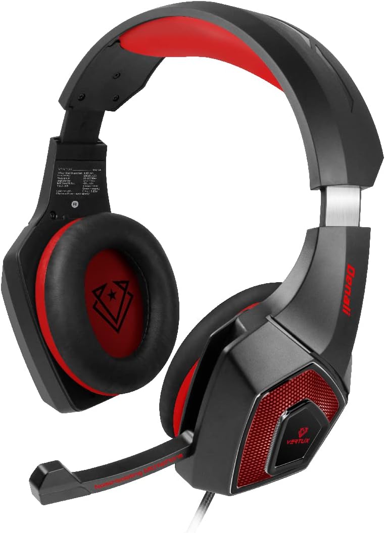 Vertux Denali Wired Over-Ear Headphones | 3.5mm USB Gaming Headset | Noise Isolating Headphones | Adjustable Headband for Comfort | PC, Xbox, One, PS4 & Smartphones-Red