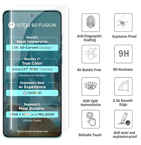 Image of FabekeeUV HD+ Tempered Glass Screen Protector Guard Compatible For Motorola Edge 60 Fusion 5G (6.67 Inch, Pack of 1) Full Adhesive UV Curved Case Friendly HD+ Clarity