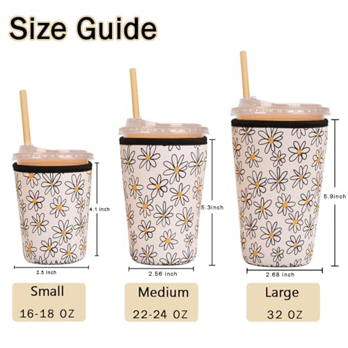 Image of Reusable Insulated Sleeve for Iced Coffee Cup, 3-Pack Coffee Neoprene Drink Sleeve for Cold & Hot Drinks, Beverage Holder for Iced Coffee (Line Daisies)
