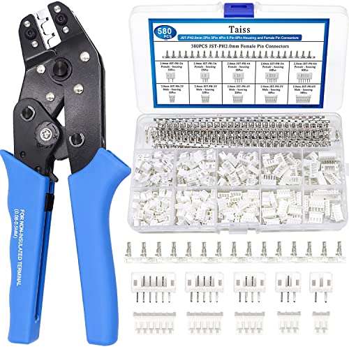 Taiss JST Crimping Tool with 580PCS JST PH Connector kit 2.0mm 2/3/4/5/6Pin Housing Female/Male Adapter Cable Connector Plug,Female Pin Connectors,Ratcheting Wire Crimper JST Crimper,Dupont Crimper